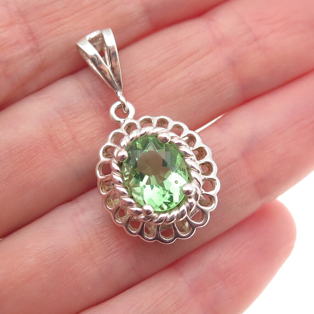 Badavici 925 Sterling Silver Oval-Cut Tsavorite C Z Floral Charm Pendant